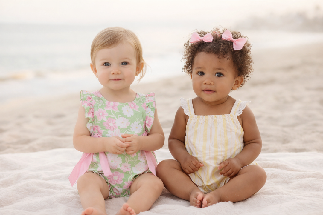 Two babies wearing summer rompers sitting on a sandy beach in soft pastel outfits