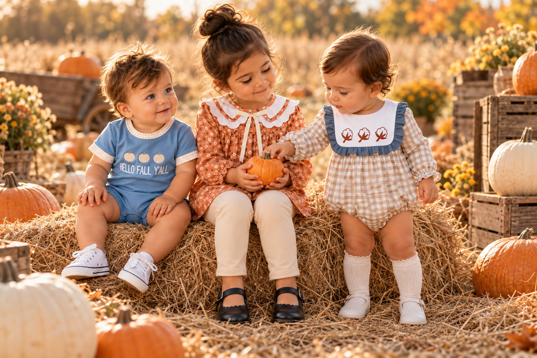 Three children at a pumpkin patch 