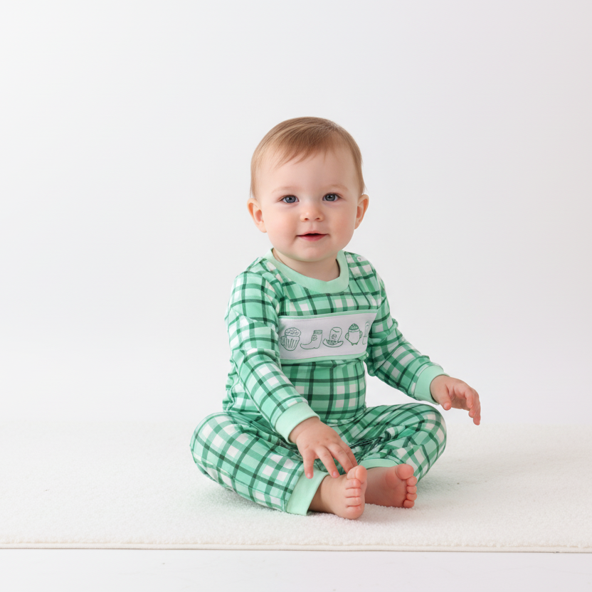 Green Parade Embroidered Gingham Romper