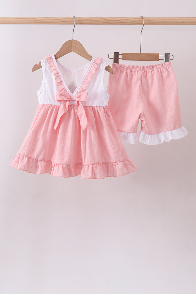 Pink Cross Jacquard Embroidered Shorts Set