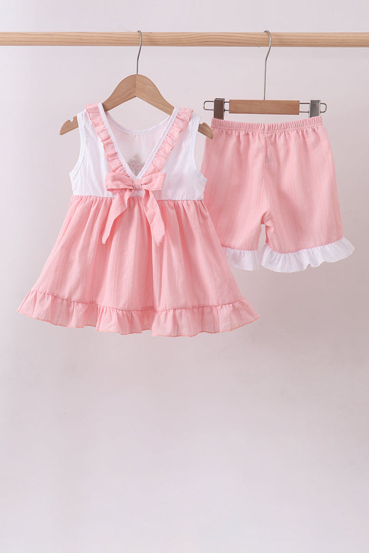 Pink Cross Jacquard Embroidered Shorts Set