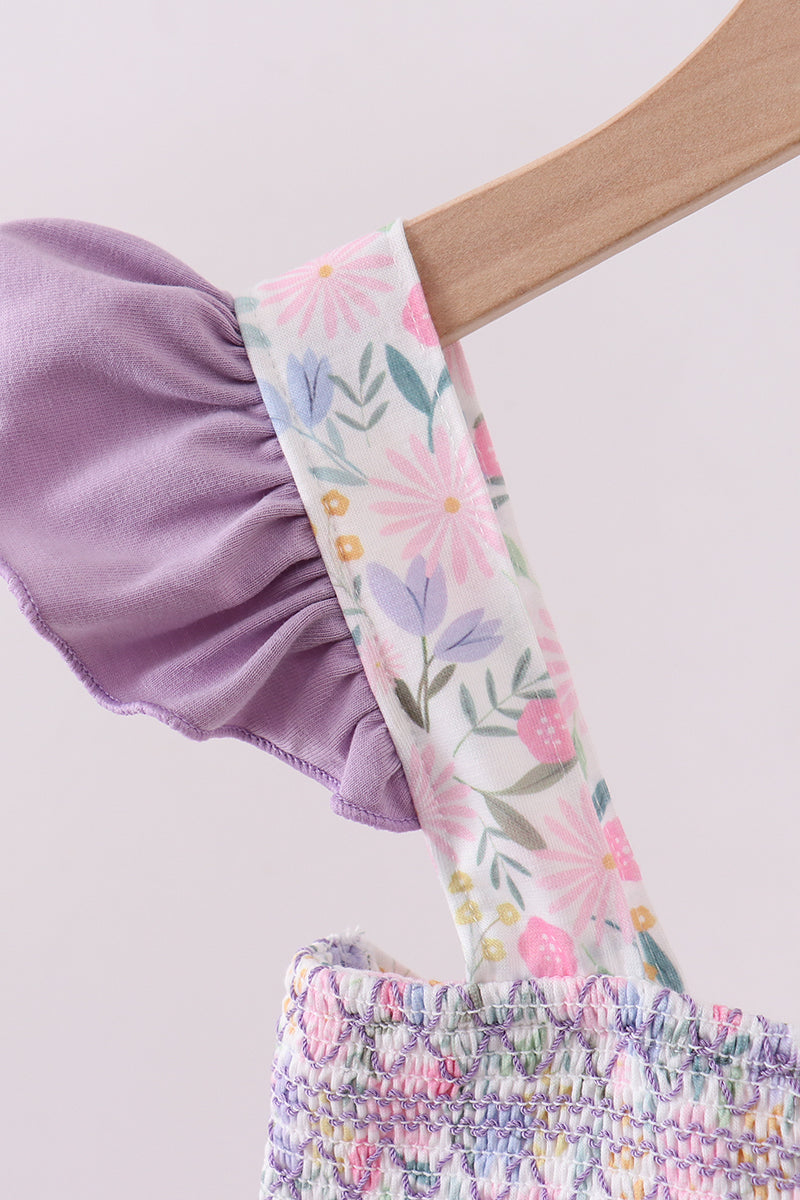 Purple Floral Smocked Ruffle Dress