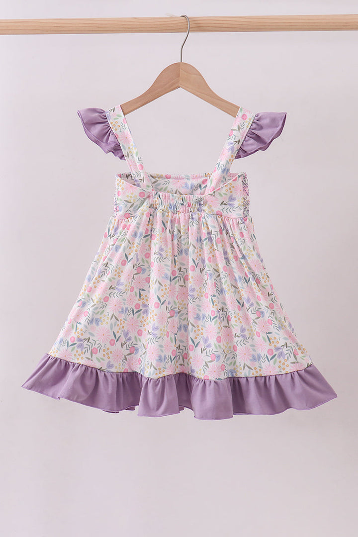 Purple Floral Smocked Ruffle Dress