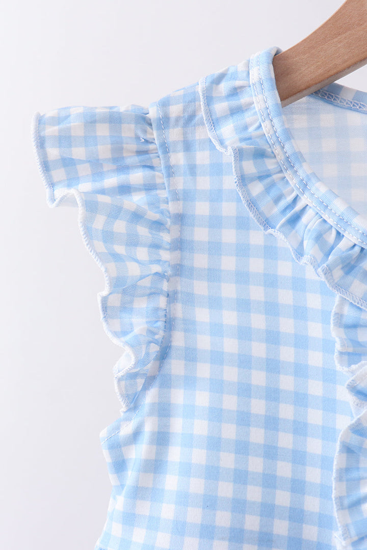 Blue Embroidered Ruffle Gingham Shorts Set