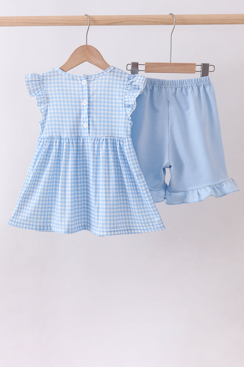 Blue Embroidered Ruffle Gingham Shorts Set