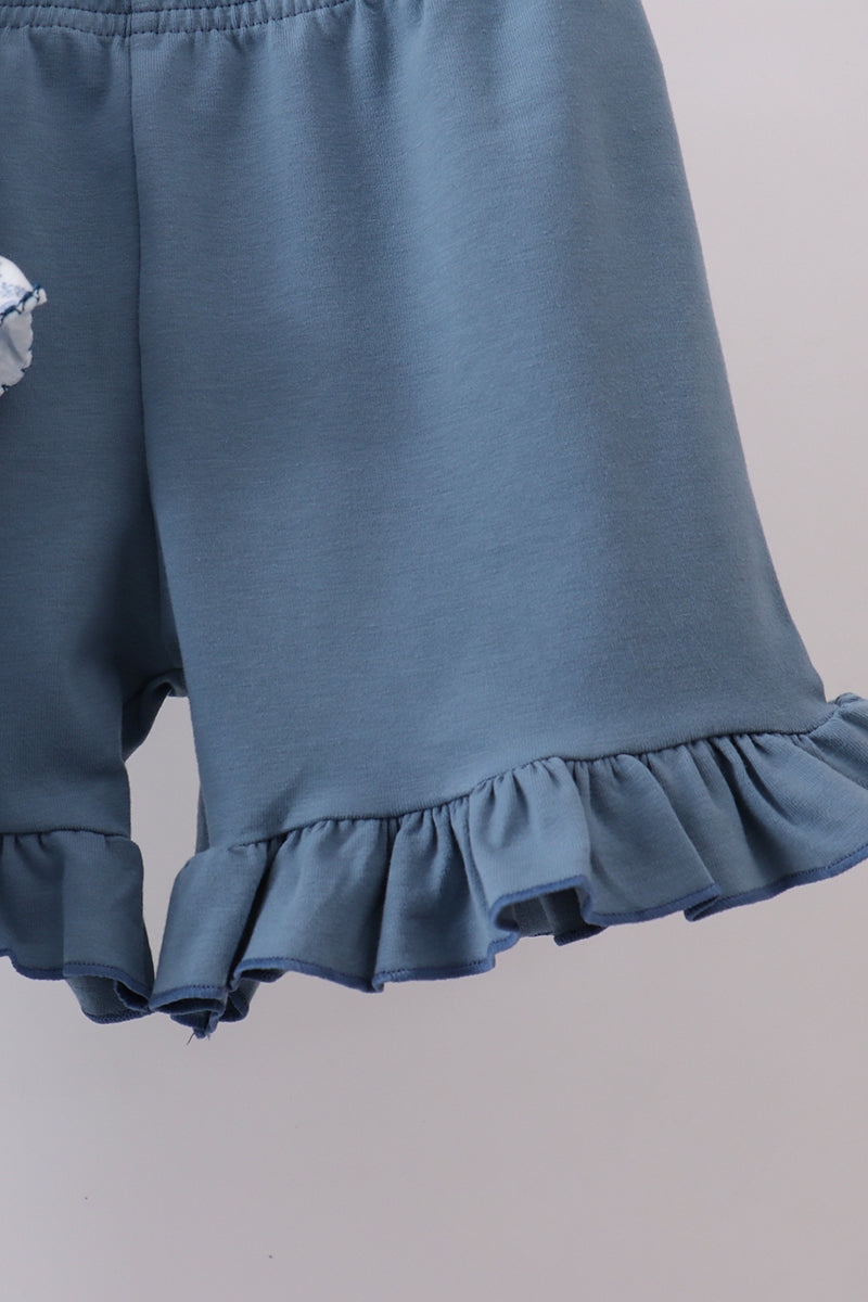 Navy Bunny Embroidered Floral Shorts Set