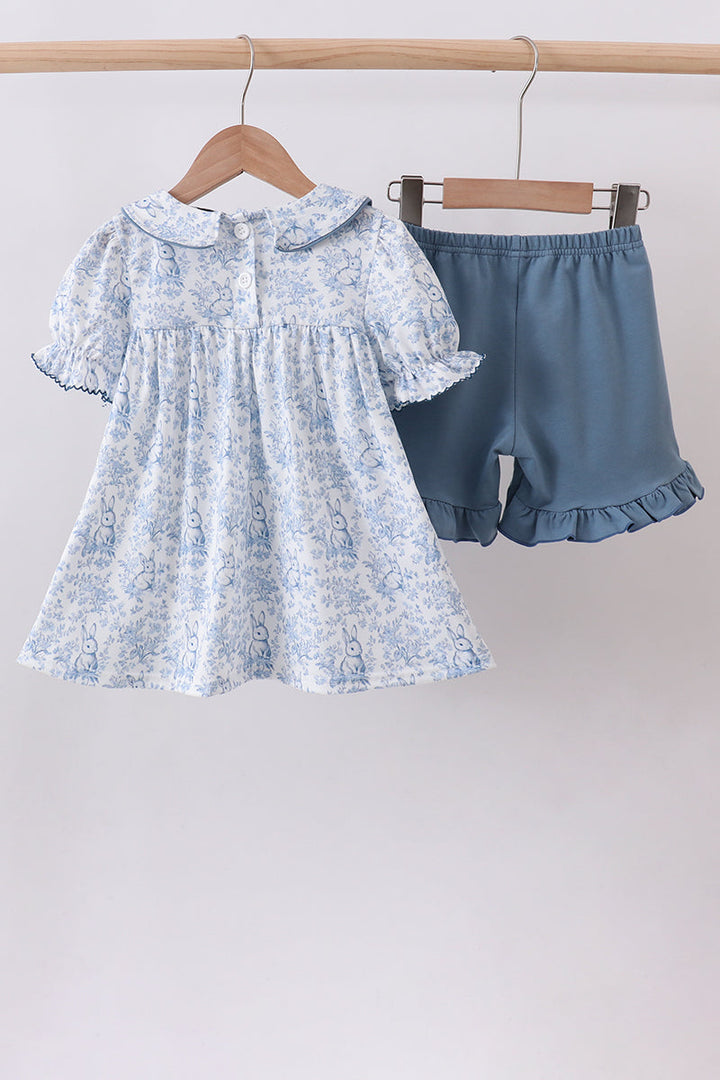 Navy Bunny Embroidered Floral Shorts Set
