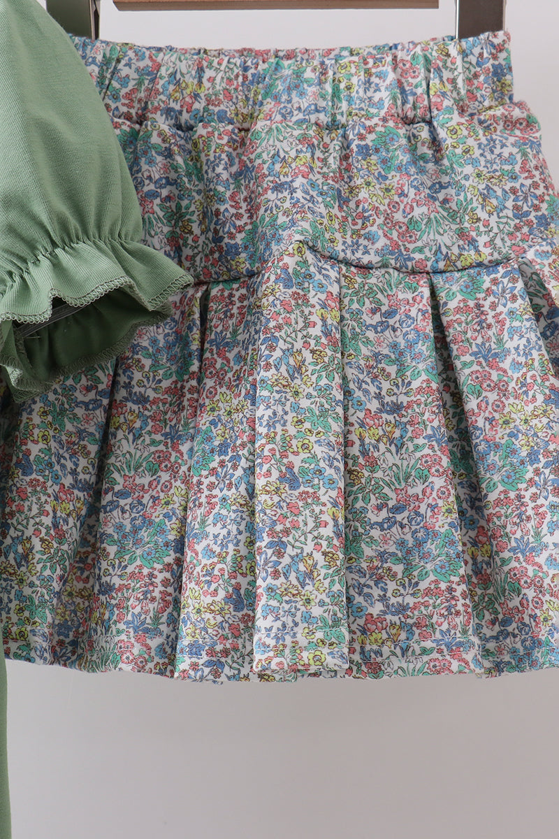 Sage Floral Bunny Applique Skorts Set