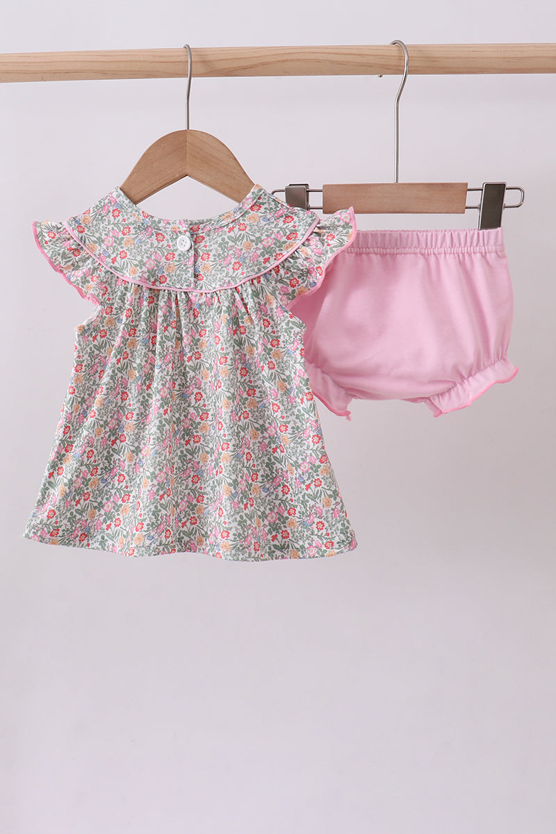 Floral Bunny Applique Ruffle Bloomer Set