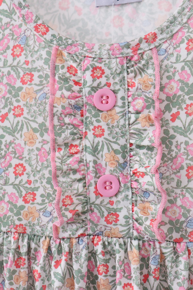 Floral Bunny Applique Ruffle Dress