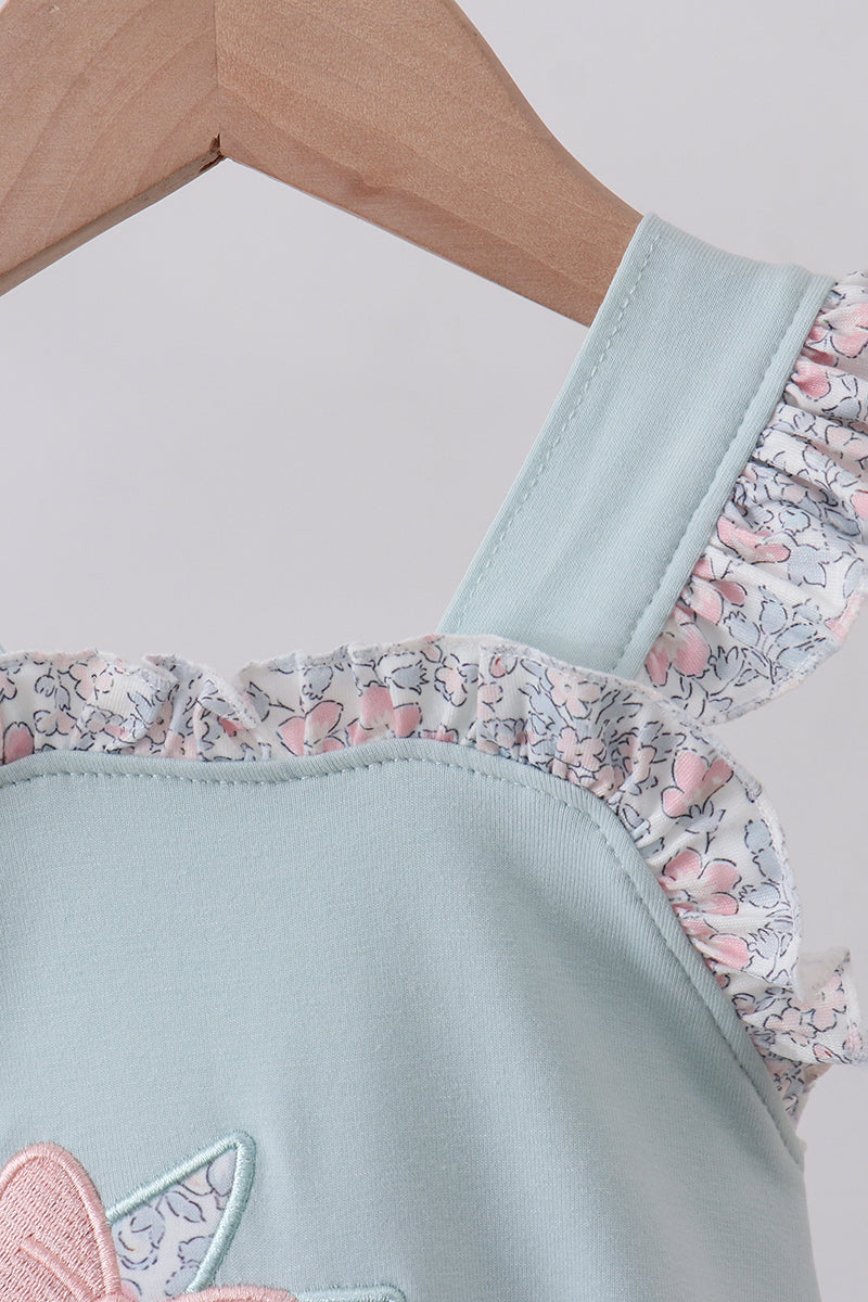 Blue Floral Bunny Applique Ruffle Bubble