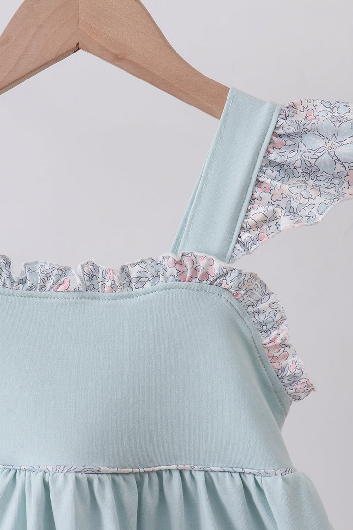 Blue Floral Bunny Applique Ruffle Dress