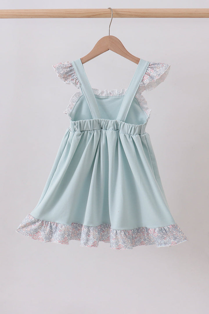 Blue Floral Bunny Applique Ruffle Dress