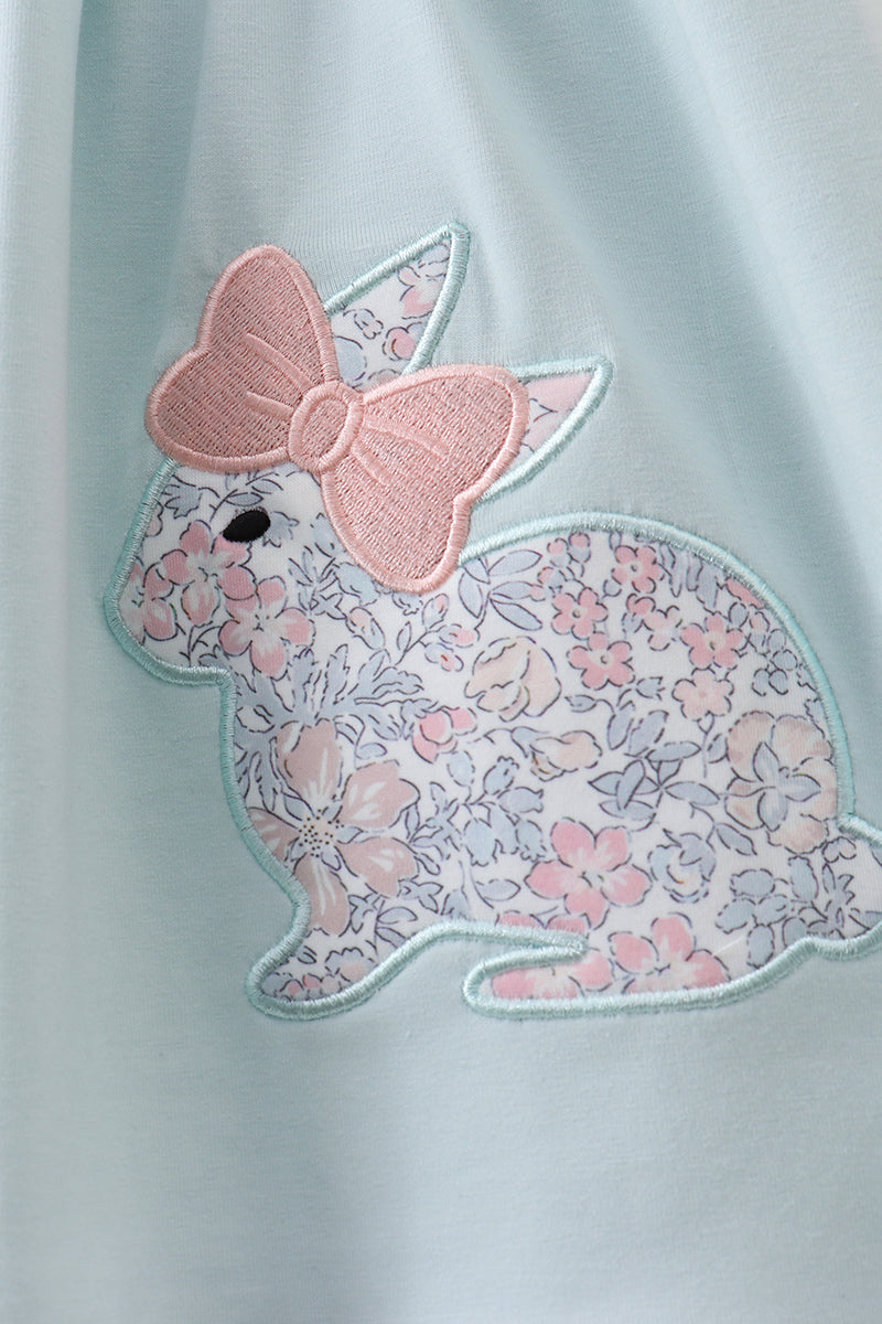 Blue Floral Bunny Applique Ruffle Dress
