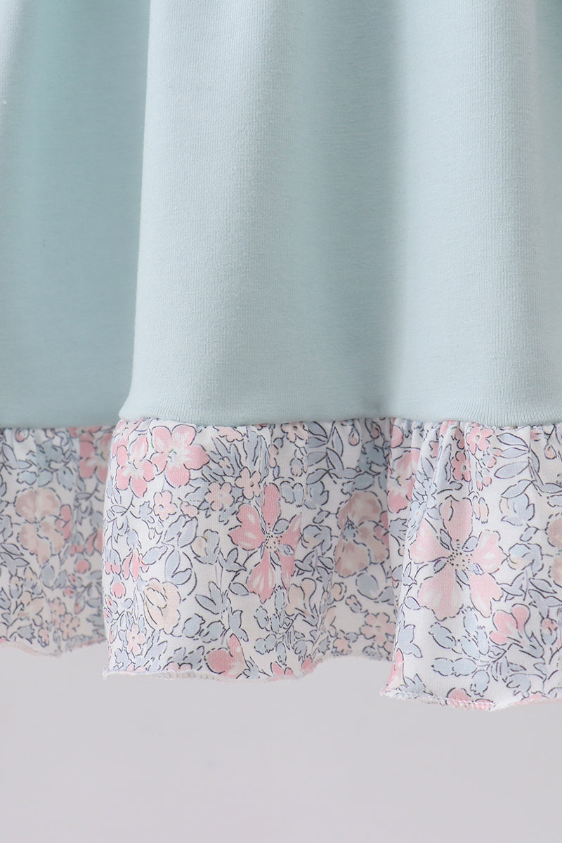 Blue Floral Bunny Applique Ruffle Dress