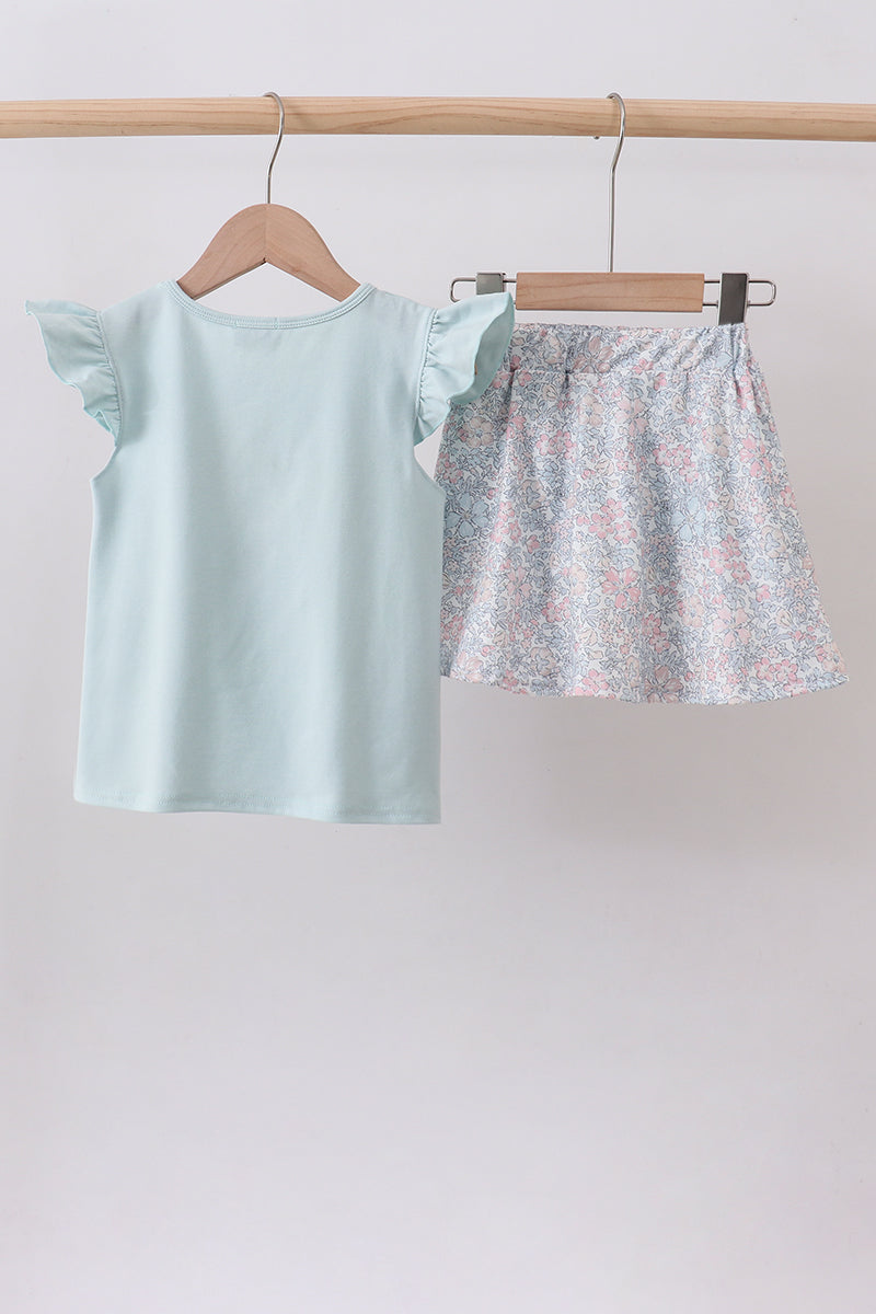 Blue Floral Bunny Applique Ruffle Skorts Set