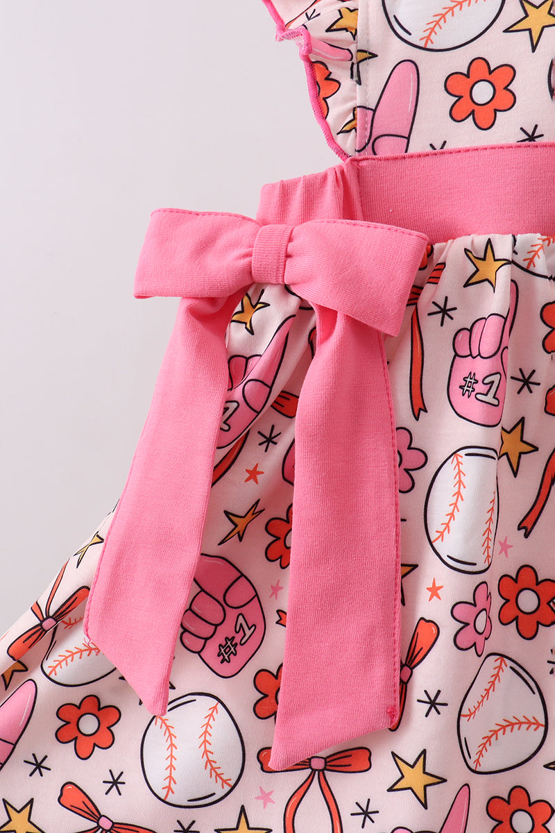 Pink Baseball Print Ruffle Shorts Set