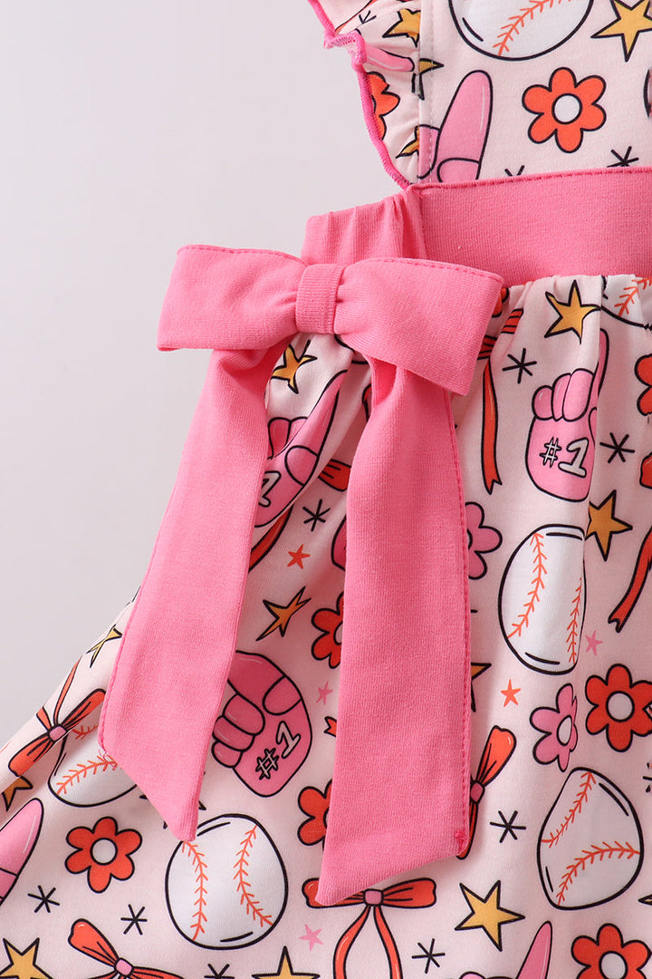 Pink Baseball Print Ruffle Shorts Set