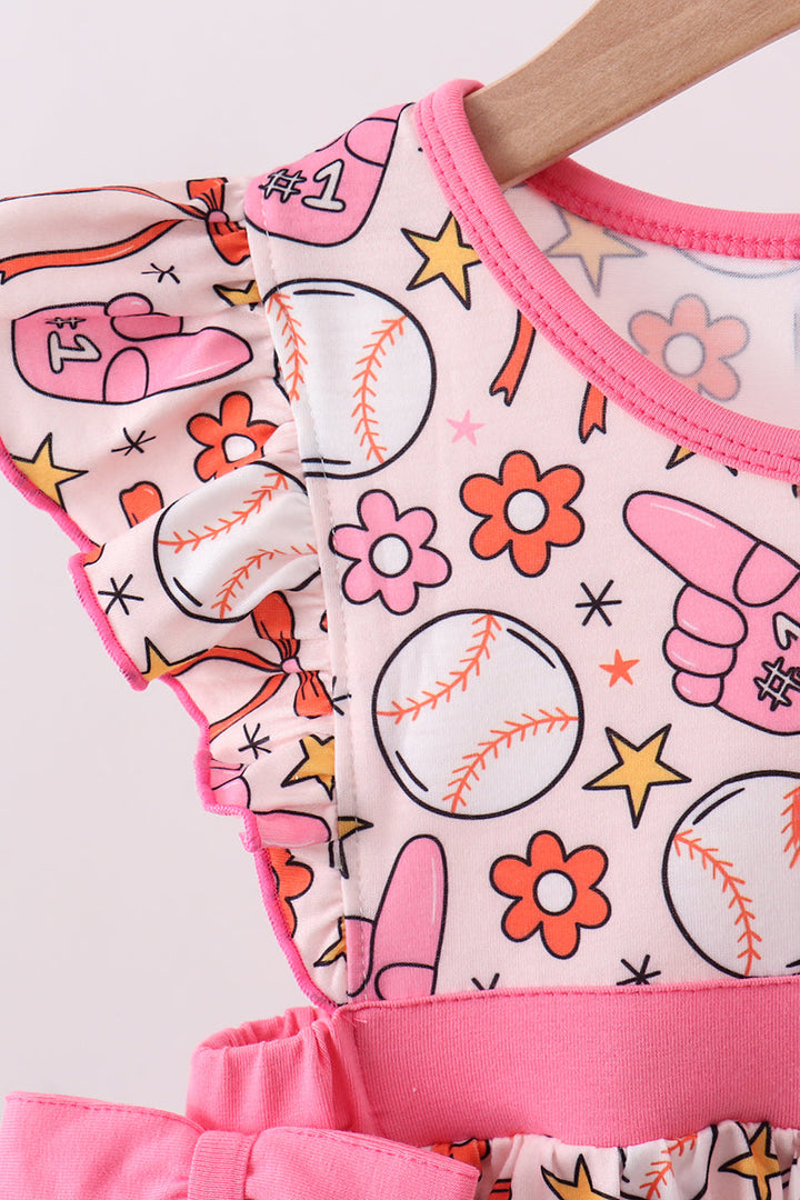 Pink Baseball Print Ruffle Shorts Set