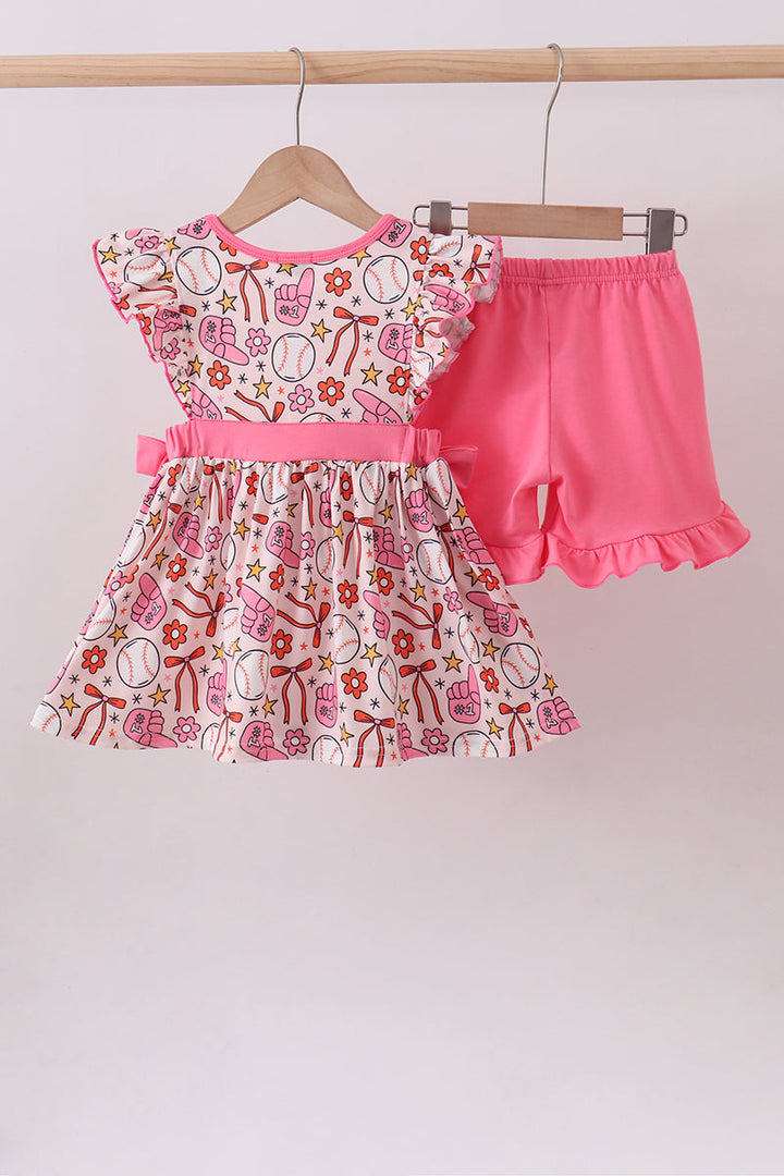 Pink Baseball Print Ruffle Shorts Set
