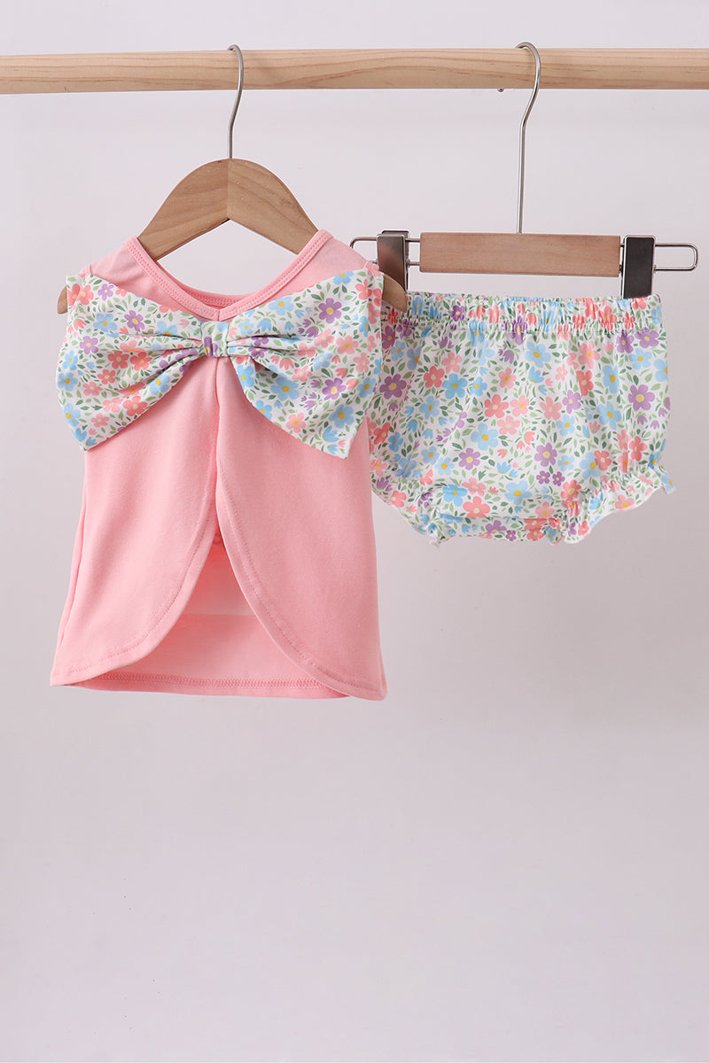 Pink Floral Cross Embroidered Ruffle Bloomer Set