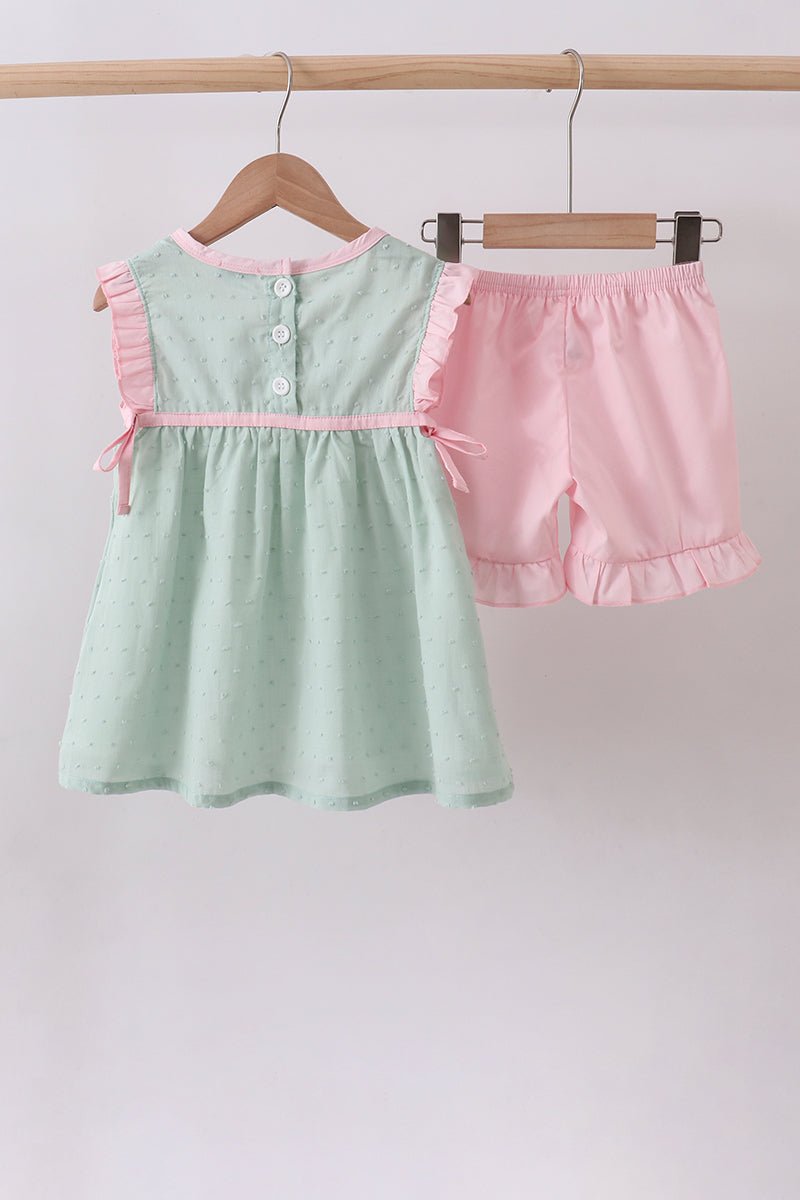 Green Swiss Dot Cross Sheep Ruffle Shorts Set
