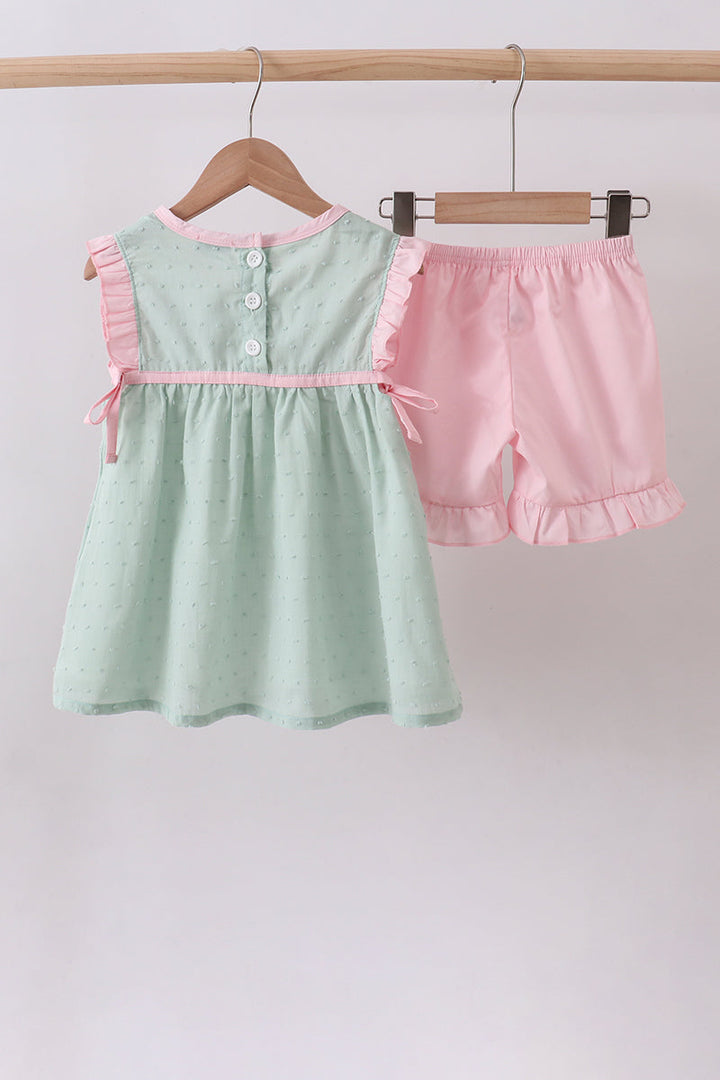 Green Swiss Dot Cross Sheep Ruffle Shorts Set