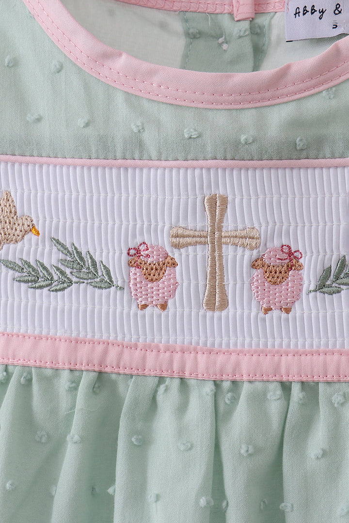 Green Swiss Dot Cross Sheep Ruffle Dress