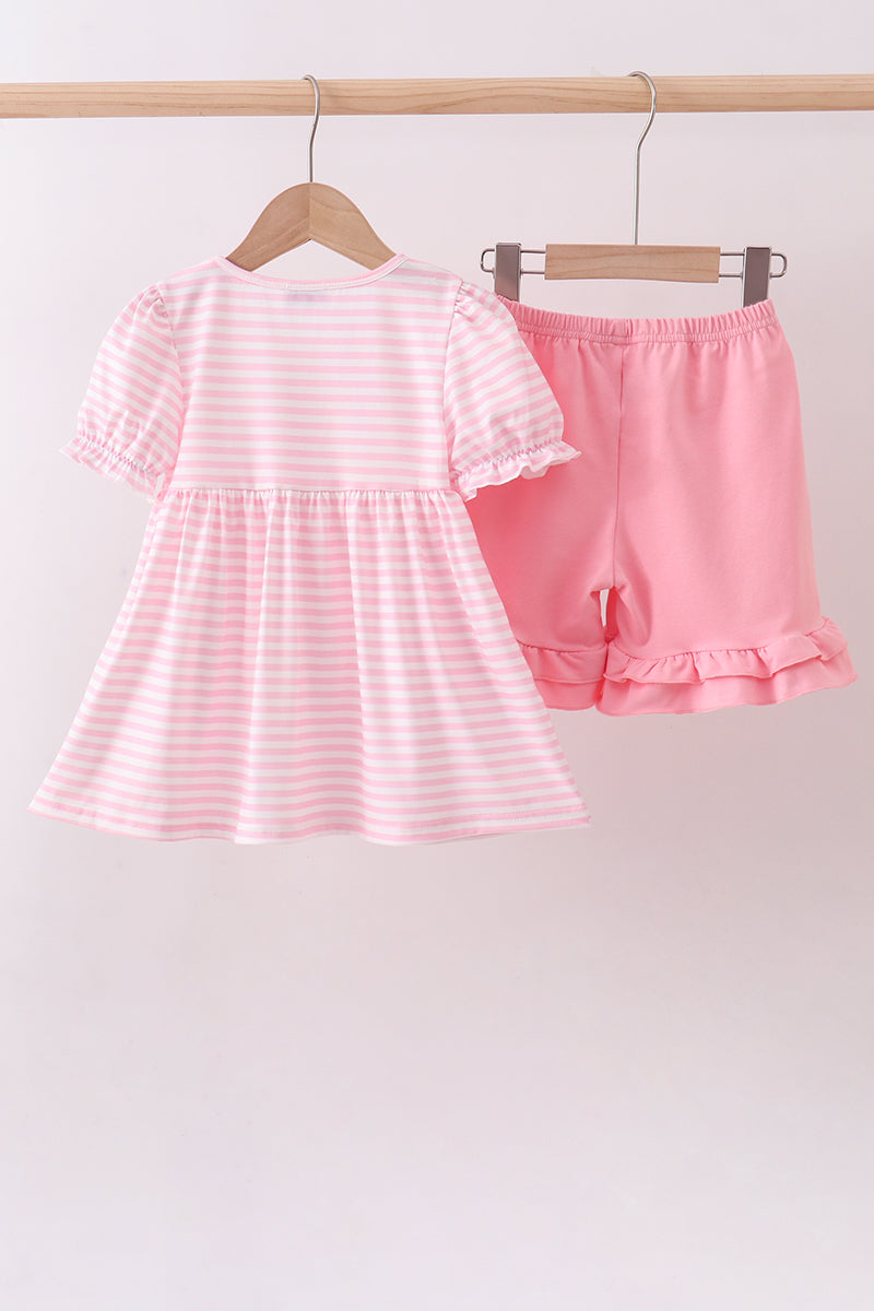 Pink Stripe Cross Applique Ruffle Shorts Set
