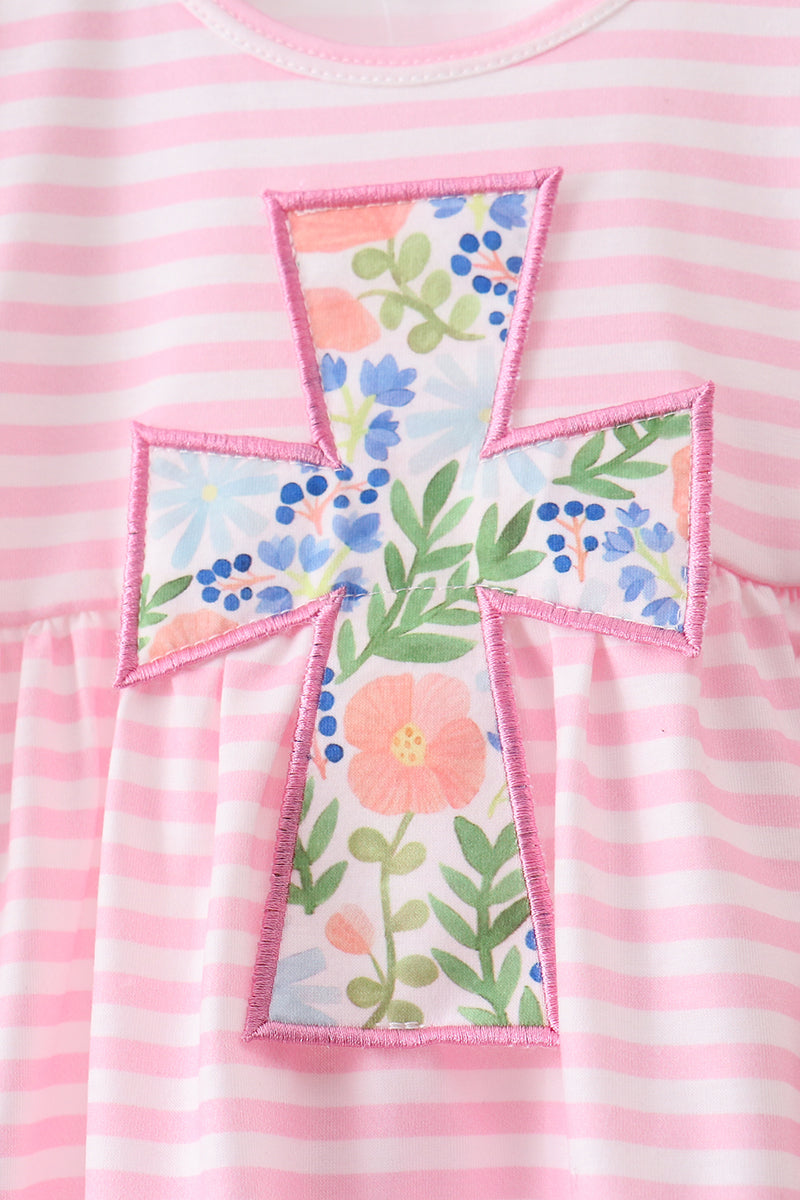 Pink Stripe Cross Applique Ruffle Shorts Set