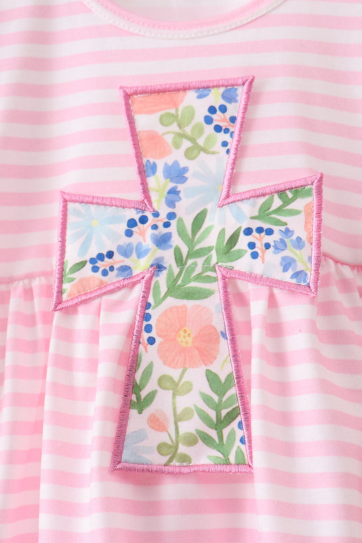 Pink Stripe Cross Applique Ruffle Shorts Set