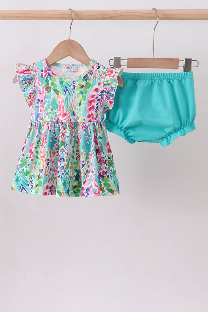 Blue Floral Ruffle Bloomer Set