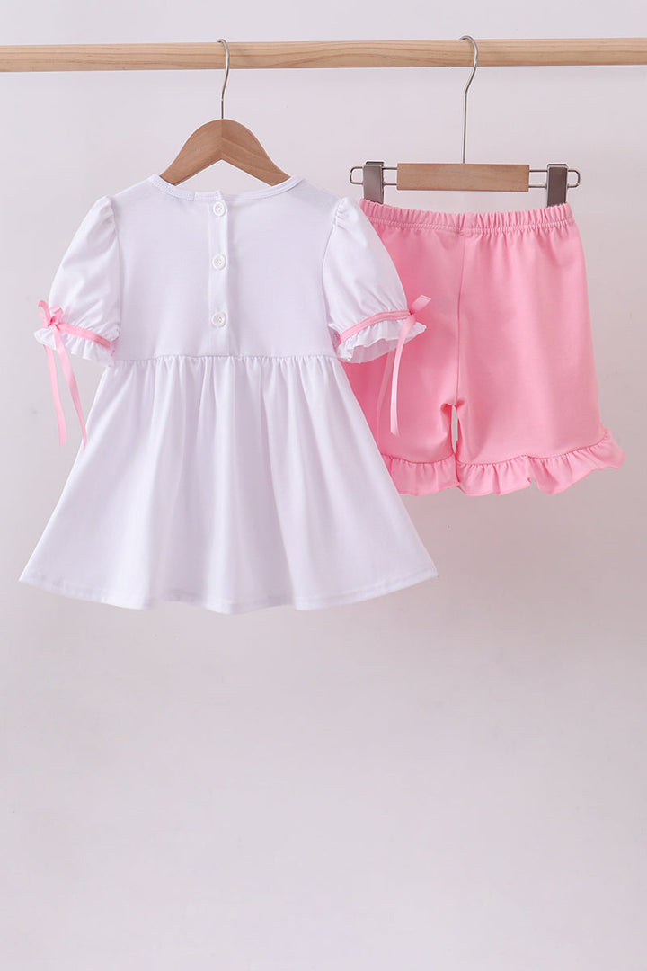 White Cross Smocked Ruffle Shorts Set