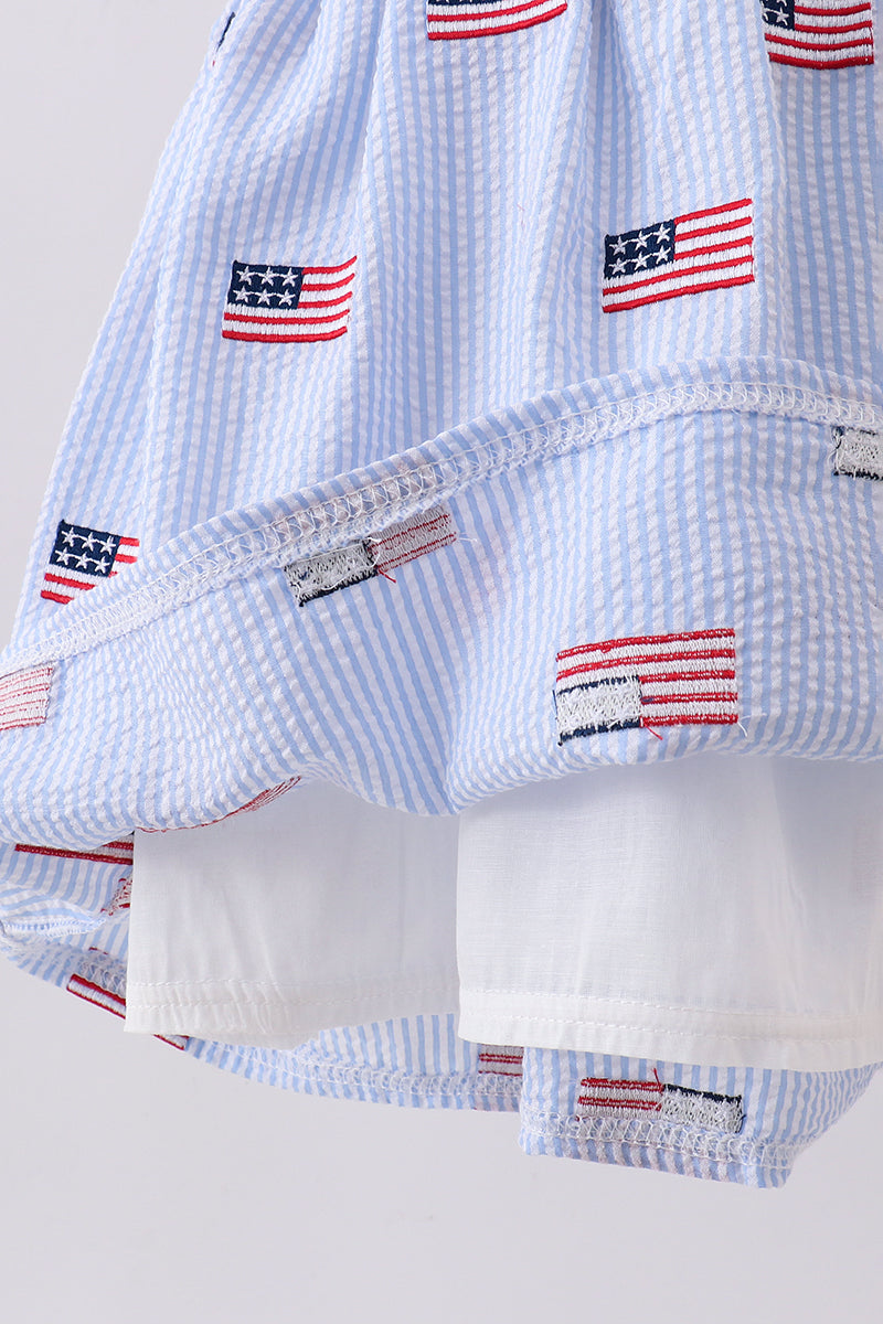 Blue Flag Embroidered Seersucker Ruffle Dress