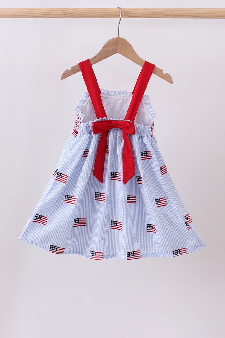 Blue Flag Embroidered Seersucker Ruffle Dress