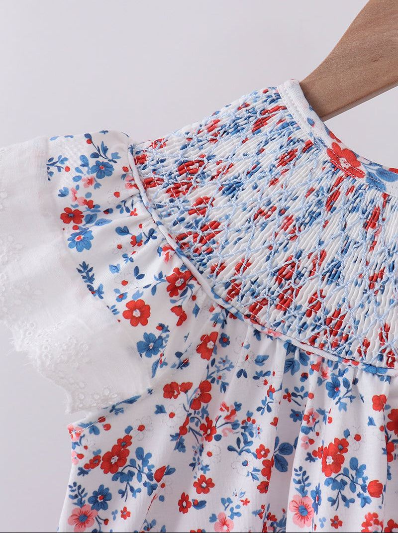 Blue Floral Lace Smocked Shorts Set