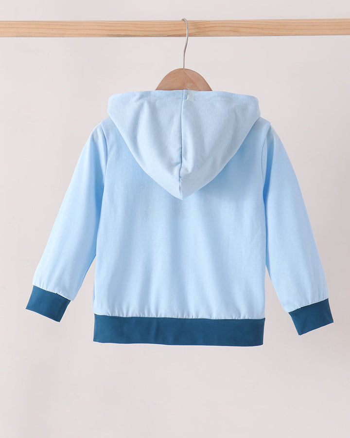 A light blue hooded sweatshirt shown from the back, hanging on a wooden hanger from a light wood clothing rack against a solid pale pink background.