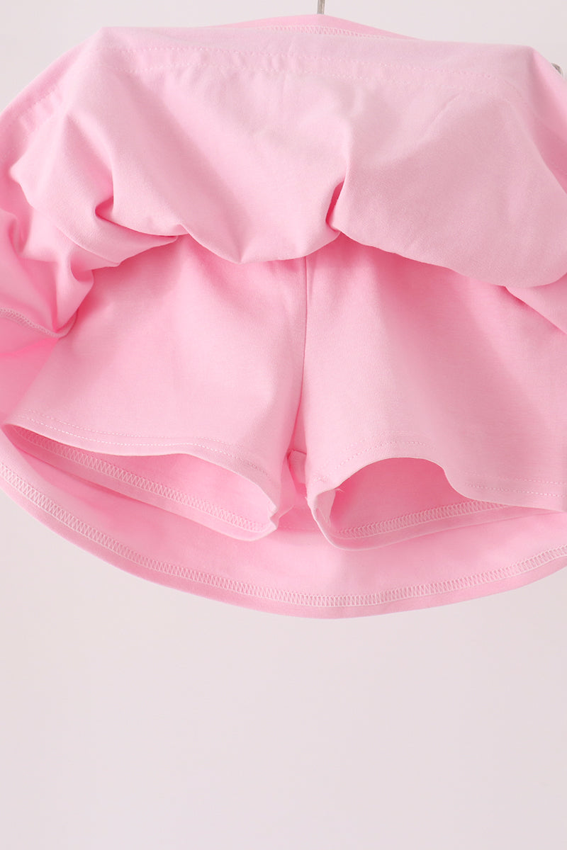 Pink skort set back view with gathered waistband and layered ruffled hem