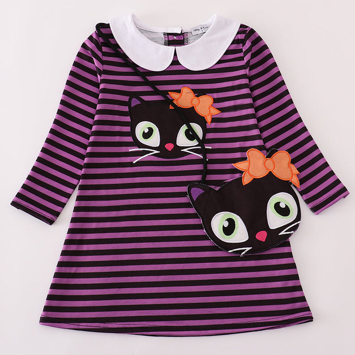 Purple Halloween Cat Stripe Dress 2 Piece Set