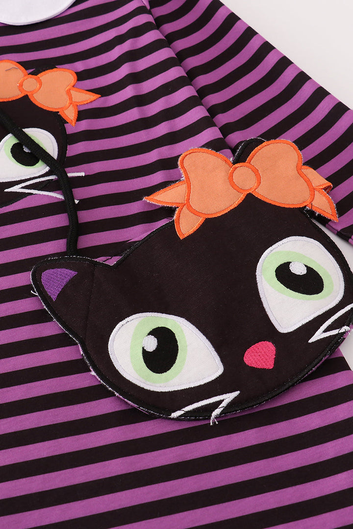 Purple Halloween Cat Stripe Dress 2 Piece Set