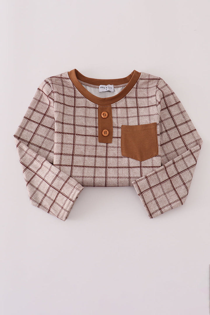 Brown Plaid Long Sleeve Top