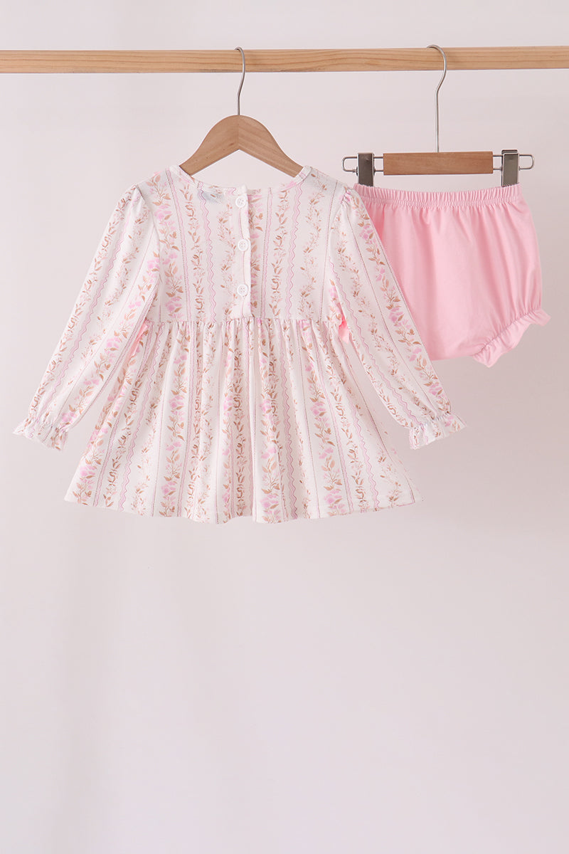Girls pink floral long-sleeve ruffle dress with matching embroidered bloomer set