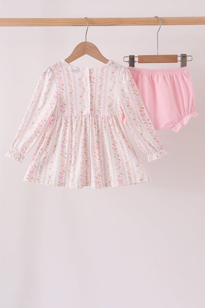 Girls pink floral long-sleeve ruffle dress with matching embroidered bloomer set