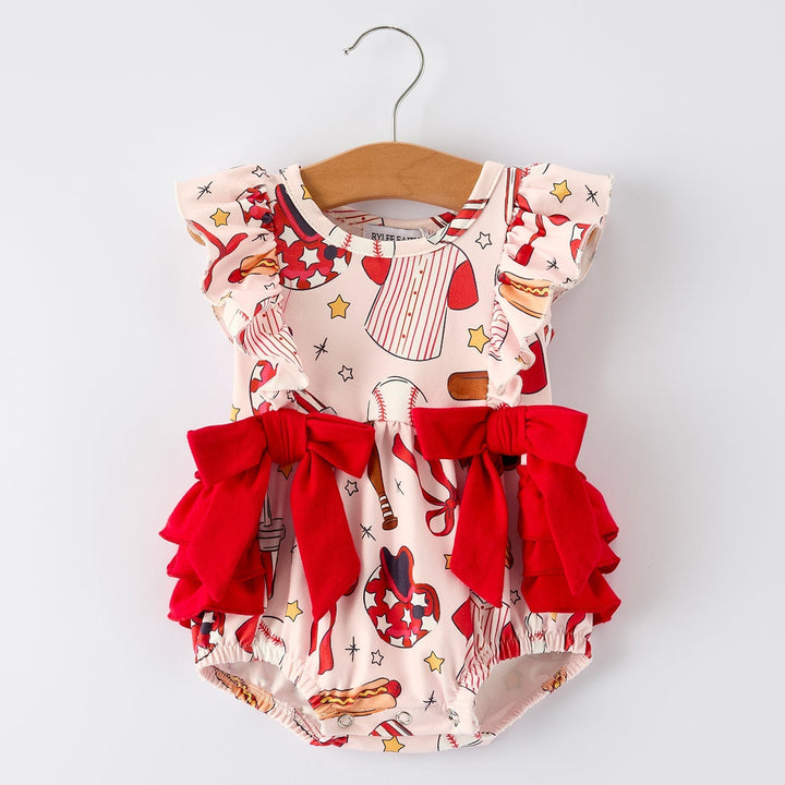 Romper with Red Bows Baseball Print