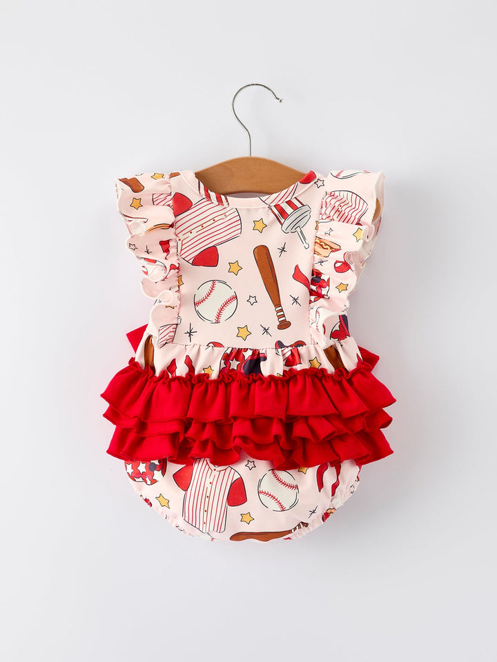Romper with Red Bows Baseball Print