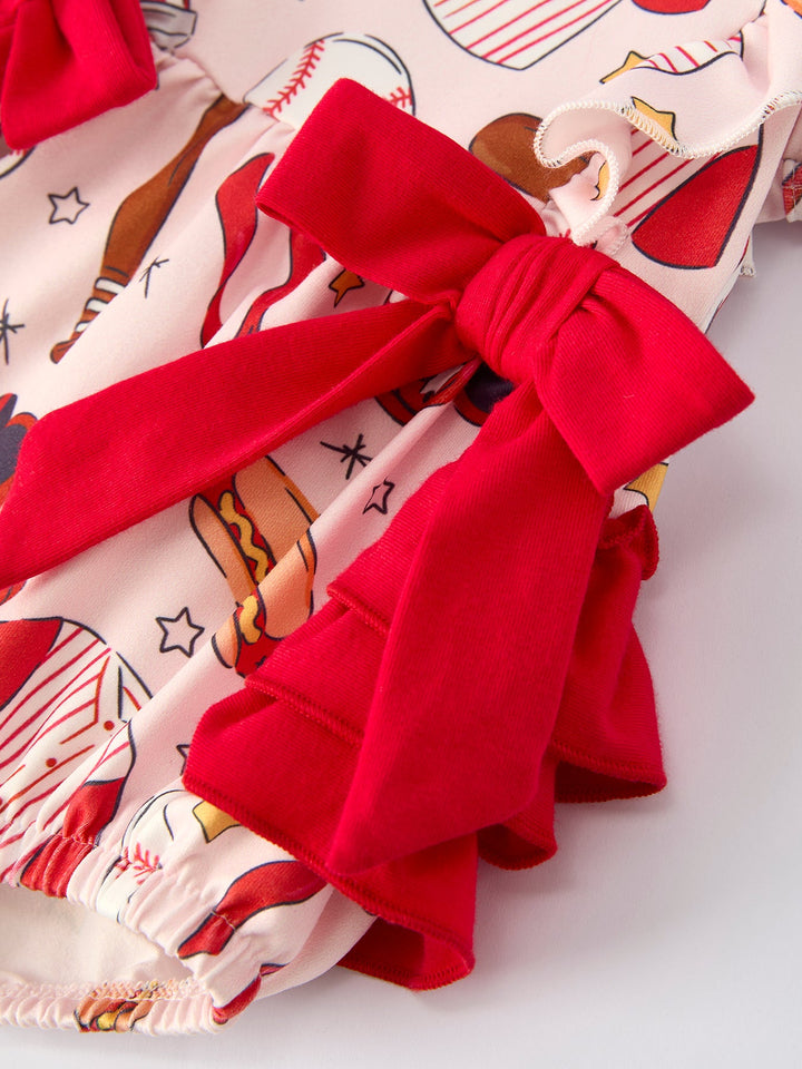 Romper with Red Bows Baseball Print