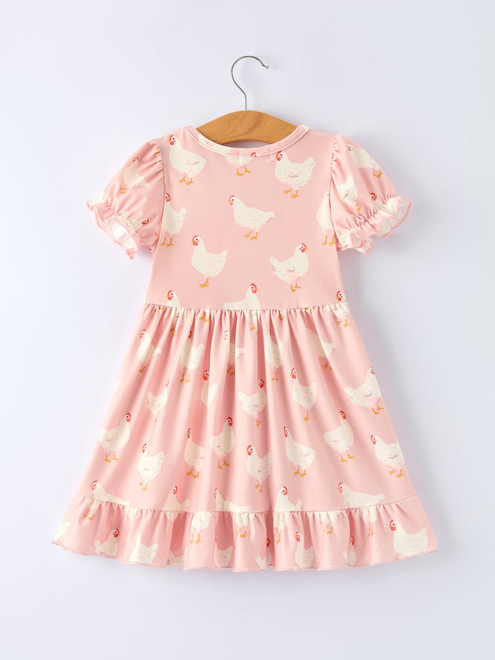 Farm Chicken Print Ruffle Dress