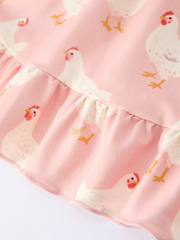 Farm Chicken Print Ruffle Dress