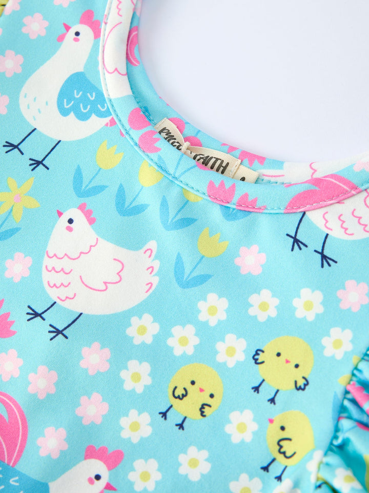 Aqua Chicken &amp; Floral Farm Print Dress
