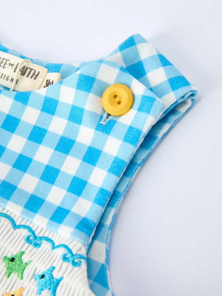 Fish Embroidery Smocking Plaid Romper